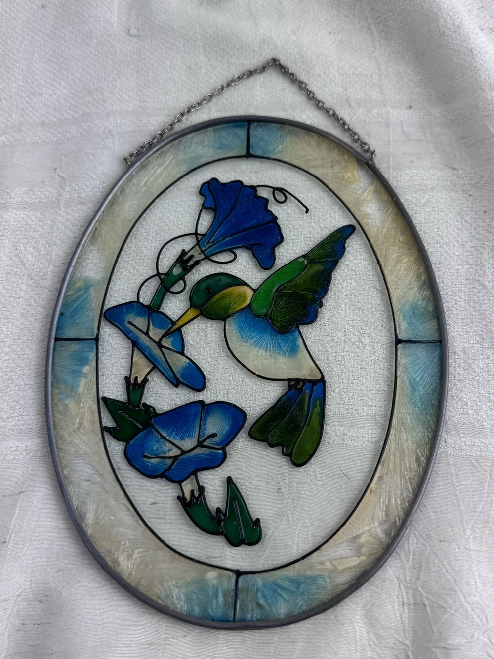 VTG Hummingbird Morning Glory Oval Glass Window Suncatcher Joan Baker Korea Made